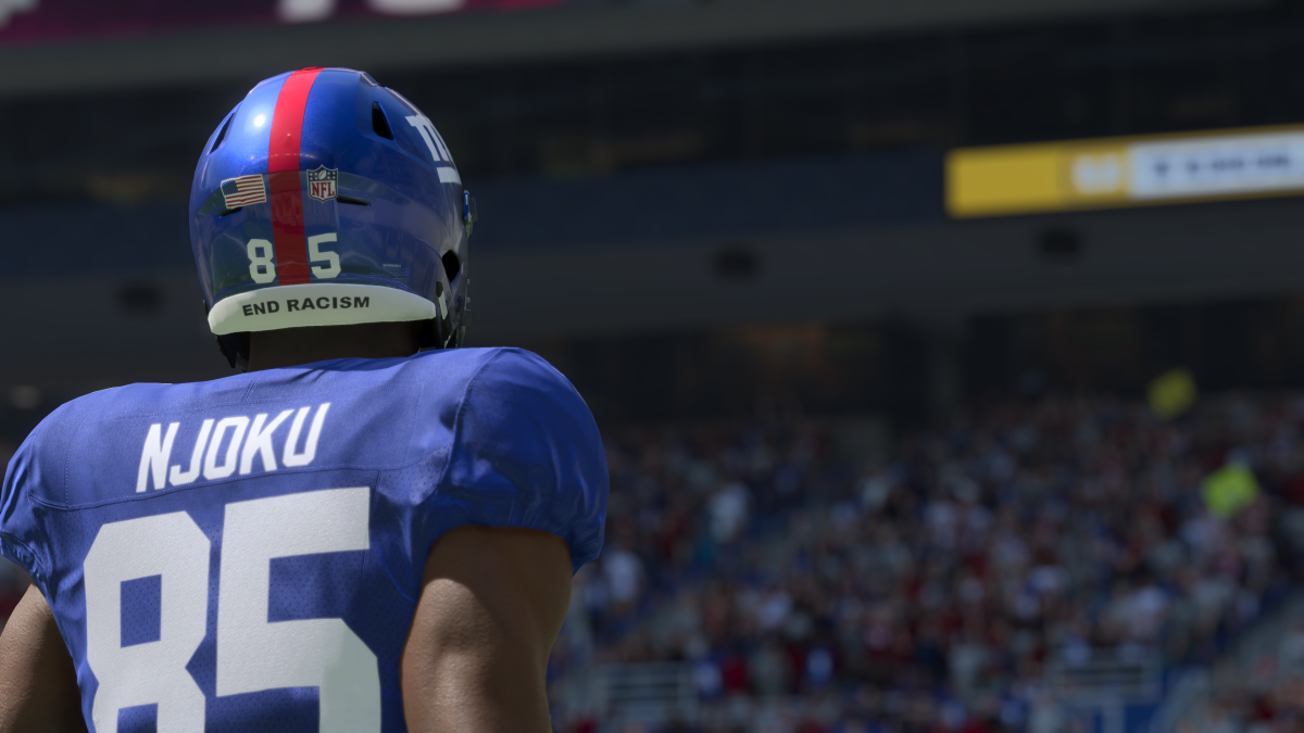 A player in Madden 24 Ultimate team wearing the New York Giants jersey celebrates a touchdown.