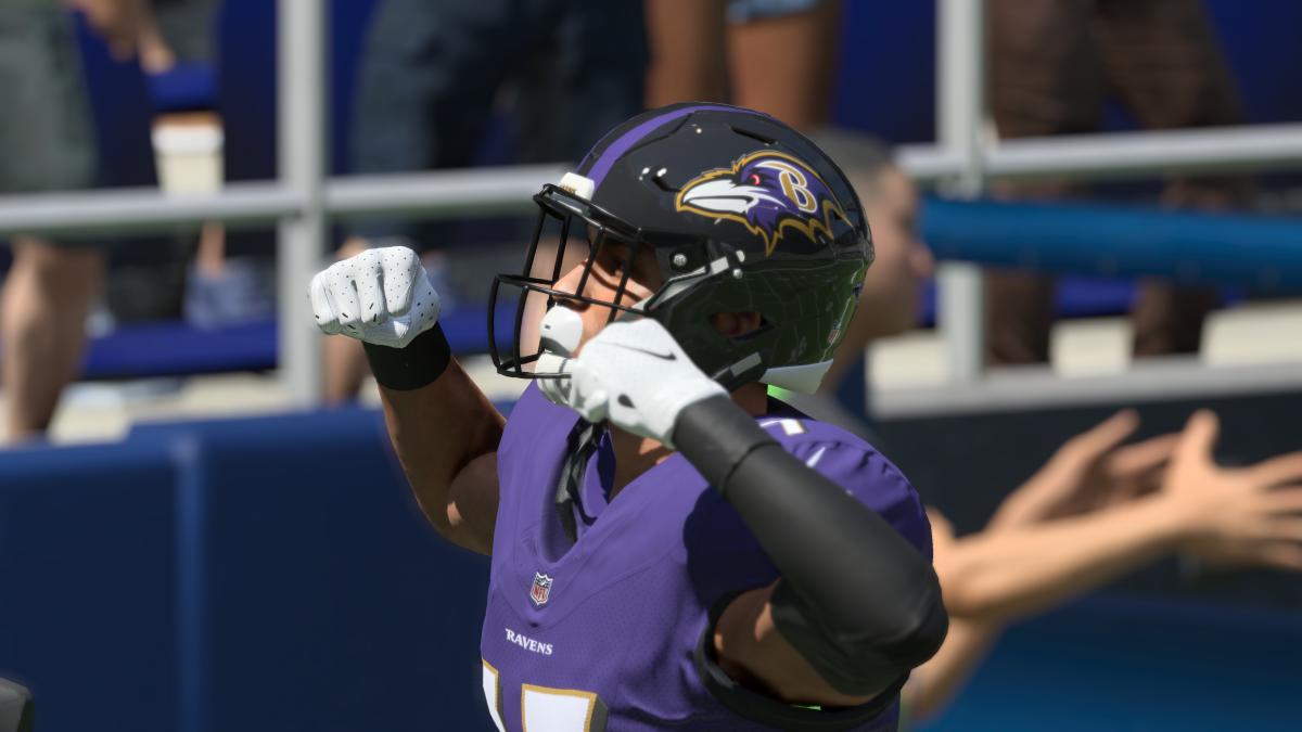 A player in the Baltimore Ravens jersey celebrates a touchdown in Madden 24.