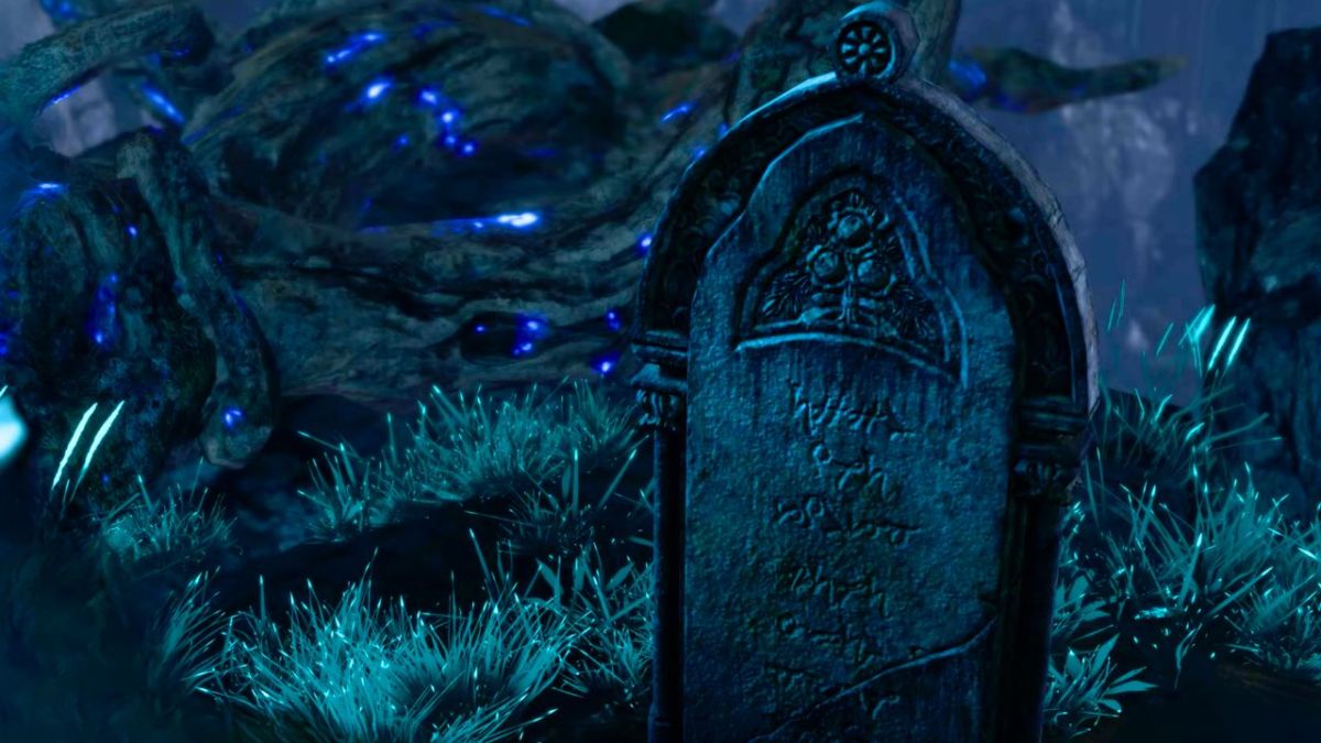 A grim grave surrounded by glowing plants and lights in BG3