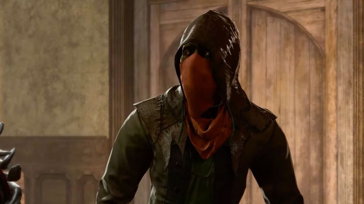 A man wearing a hood and a mask by a wooden door in BG3