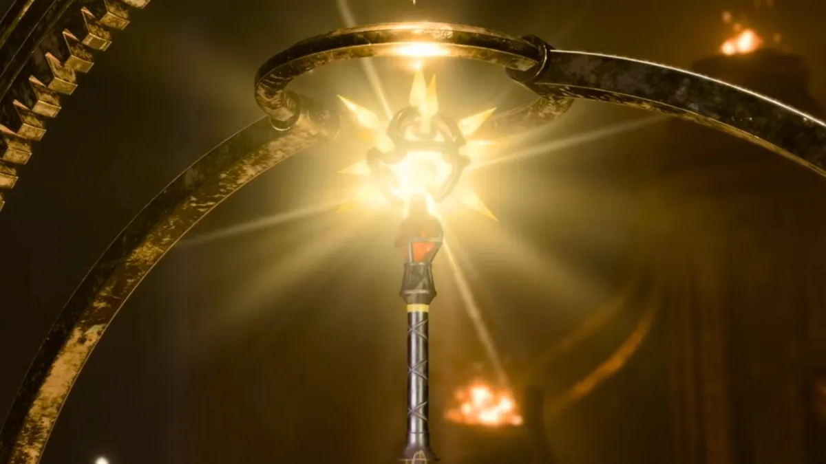 A glowing mace on top of a pedestal surrounded by light in BG3