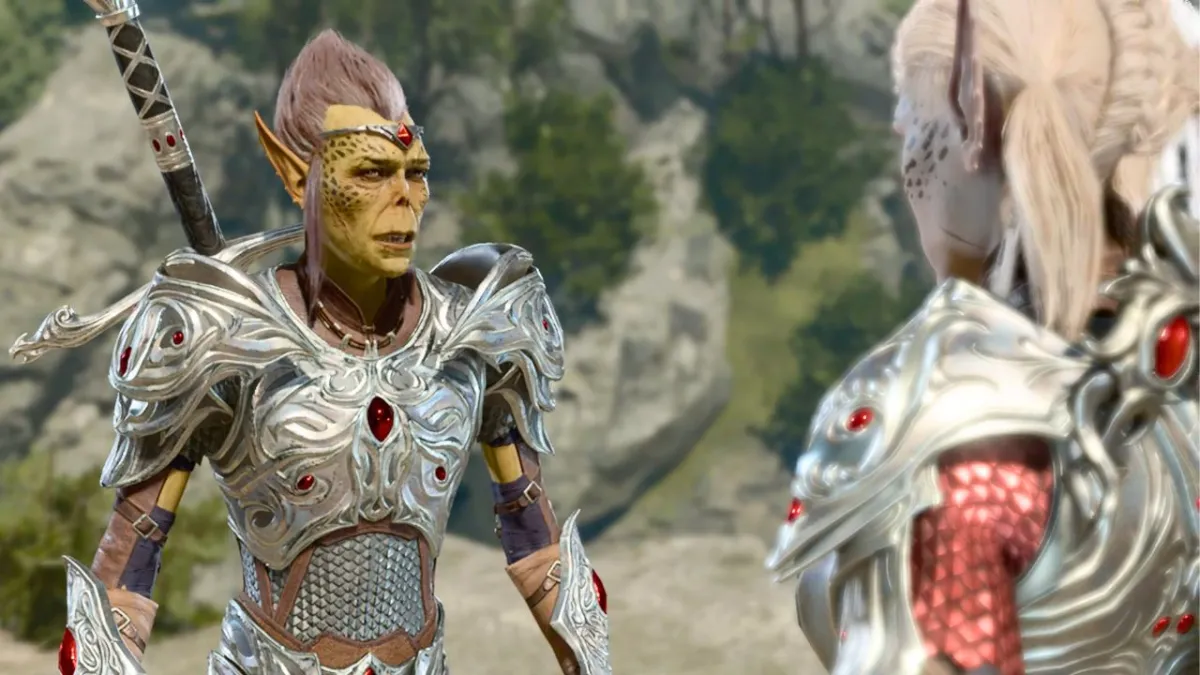 Man with reptile-like skin and pointy ears with a pointy head wearing armor in BG3
