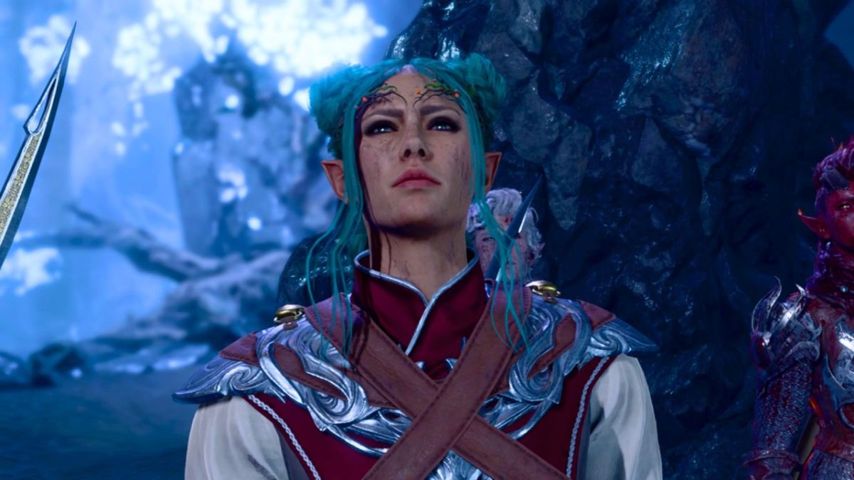 Woman with green hair and light armor surrounded by glowing plants in BG3
