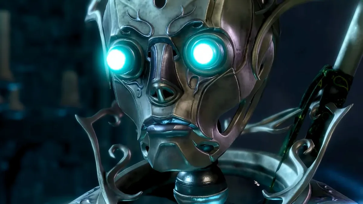A robot with glowing blue eyes and a silver skeleton in BG3
