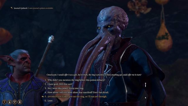 Screenshot showing Omeluum offering the Ring of Shielding in Baldur's Gate 3