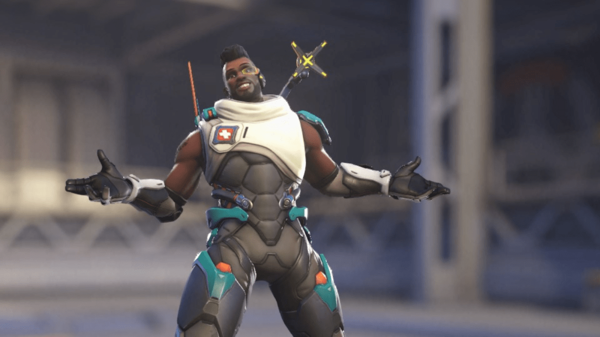 Baptiste emoting with his arms out wide in the Overwatch 2 menu.