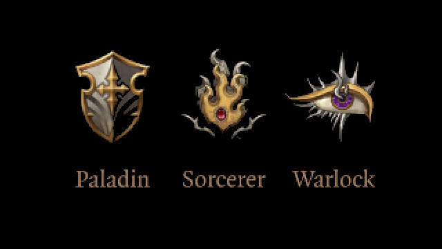 The symbols for Paladin, Sorcerer, and Warlock in BG3.
