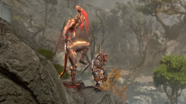 An on-fire red-skinned woman with a tail raises her leg in order to kick a short, green-skinned, leather-wearing man in the back. Both fighters have weapons on their backs in BG3.