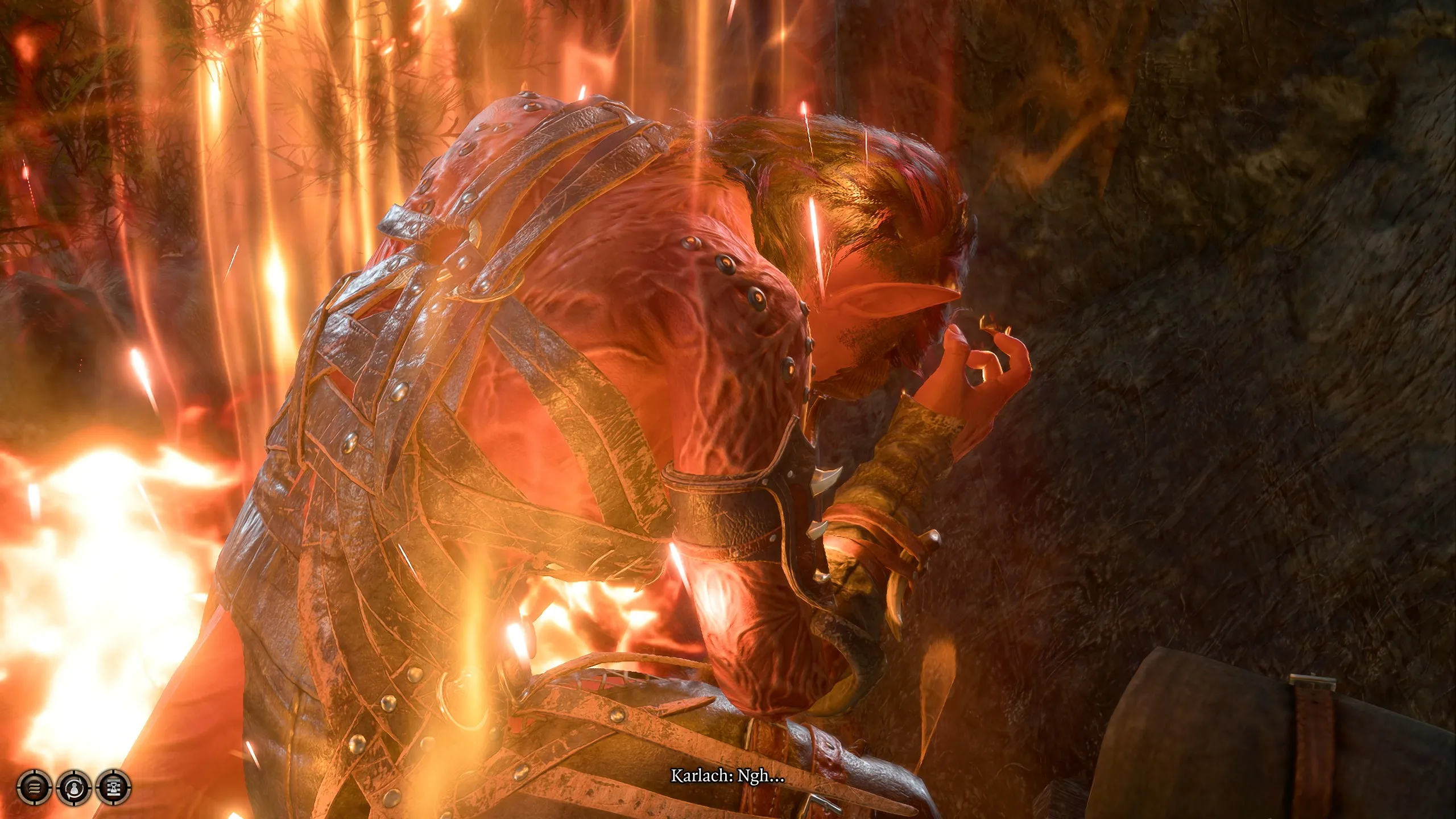 The companion Karlach burning up during a Baldur's Gate 3 cutscene.