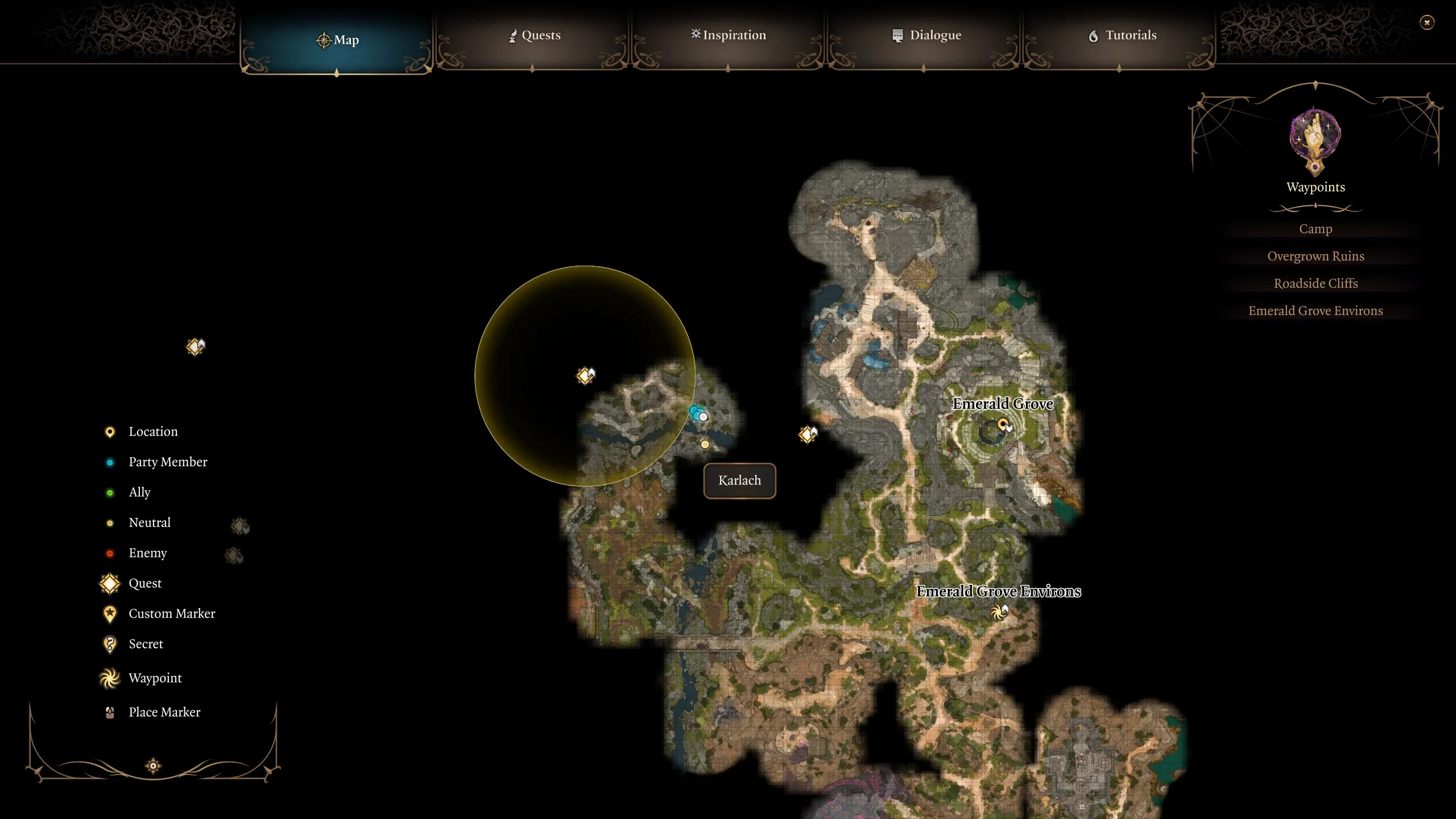The companion Karlach's map location in Baldur's Gate 3.