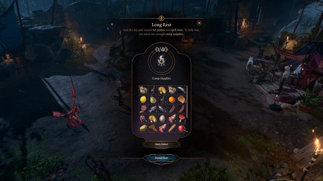 The Long Rest menu in Baldur's Gate 3, with different Camp Supplies options available to use.