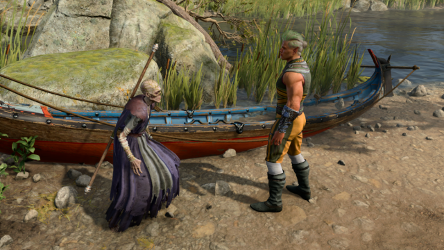 Next to a boat in BG3, a large elf man in a yellow and green gi talks to the skeleton Withers, who is wearing his purple robe.
