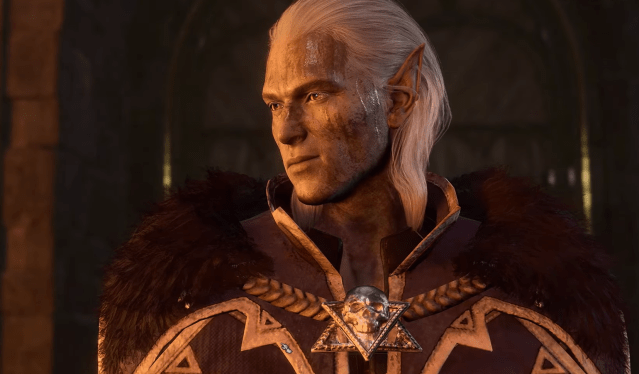 An elf with long white hair swept back behind his ears looks to the side.