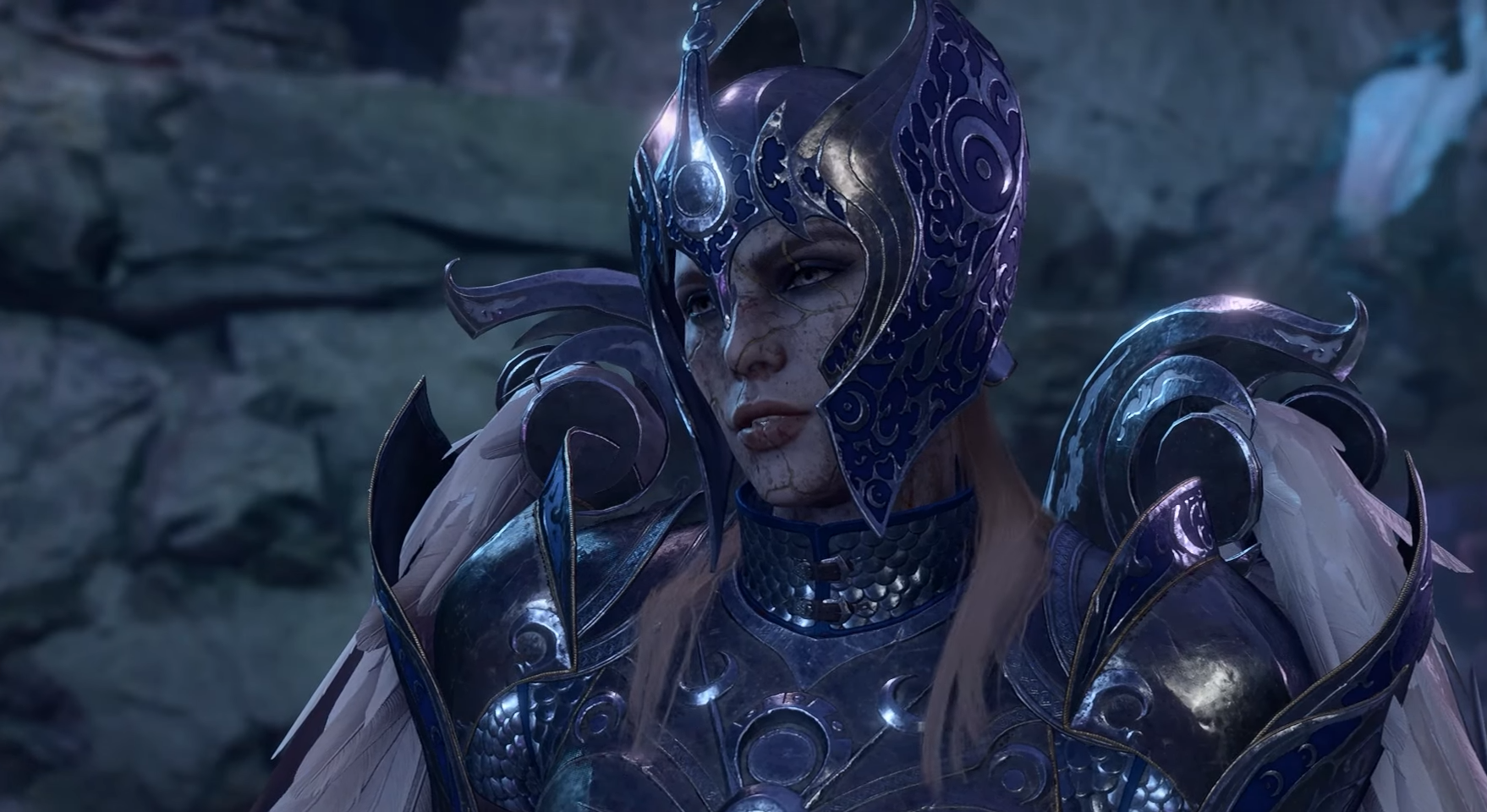 The Nightsong in her dark armor looks down in Baldur's Gate 3
