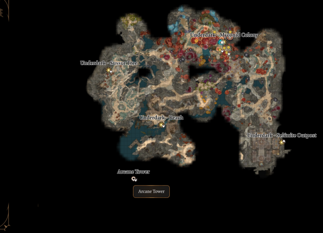Image of the map of the Underdark in Baldur's Gate 3, with the cursor pointing toward the mysterious Arcane Tower