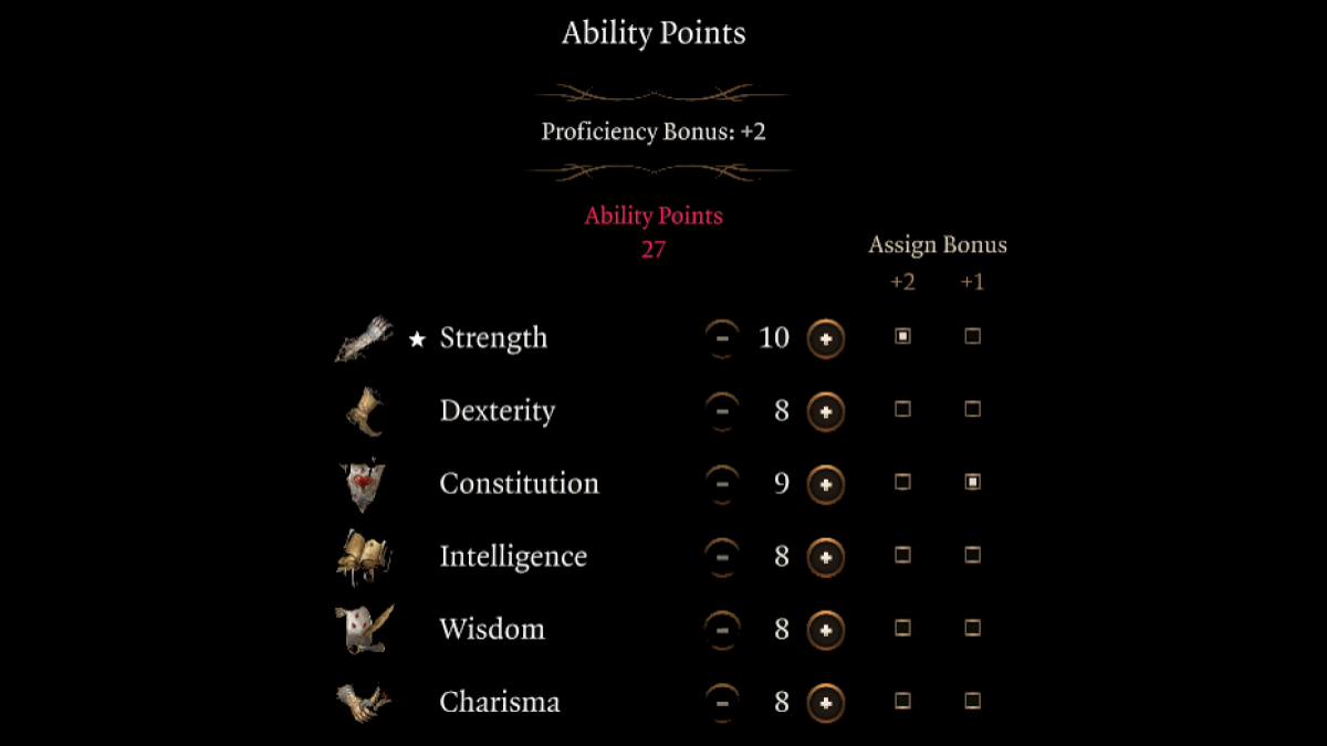Baldur's Gate 3's character ability score calculator, including the ability scores and the number of points that a character has.