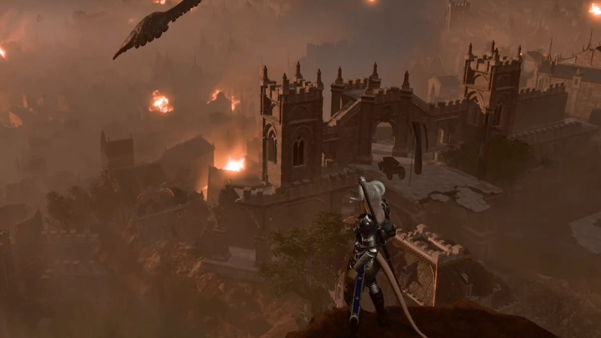 Baldur's Gate 3 Fighter standing over city under siege.