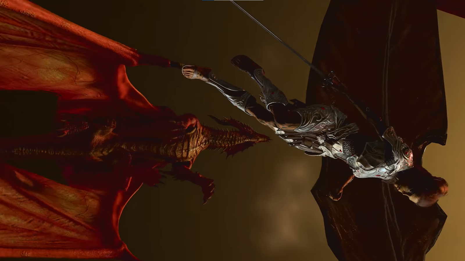 In BG3, the Githyanki Warrior Lae'zel jumps across the sky as a red dragon flies in the background. The green-skinned warrior wears metal garments that cover her torso and parts of her legs and is jumping under a supportive beam.