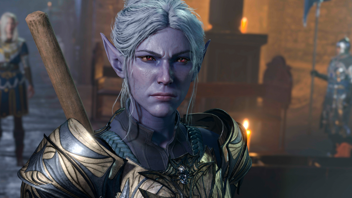 Minthara, a Drow Paladin, stands in front of the party in a courtyard of Baldur's Gate 3.