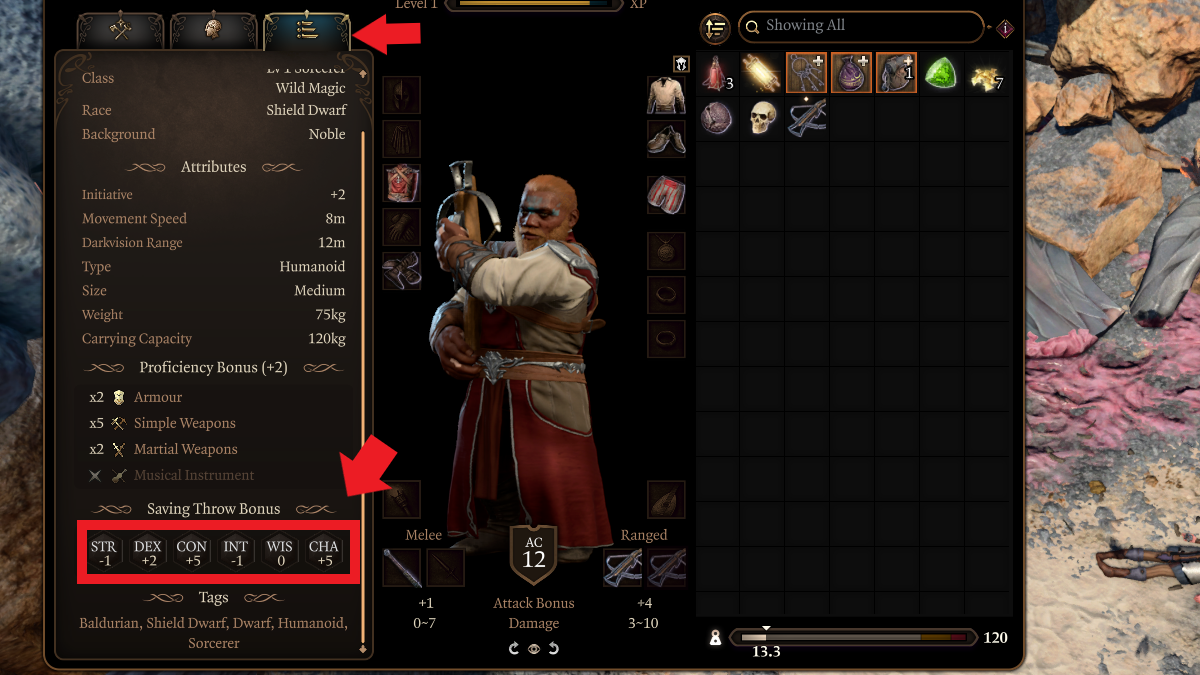 A screenshot of a Dwarf character from Baldur's Gate. Pictured is the third tab in the inventory. 