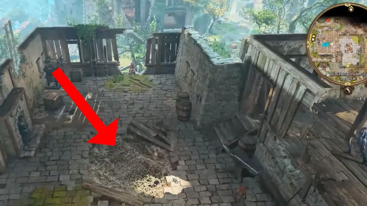 Red arrow pointing to the web-covered hole in the blacksmith's house in bg3