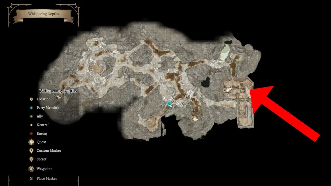 Red arrow pointing towards the location of the blacksmith's forge in bg3