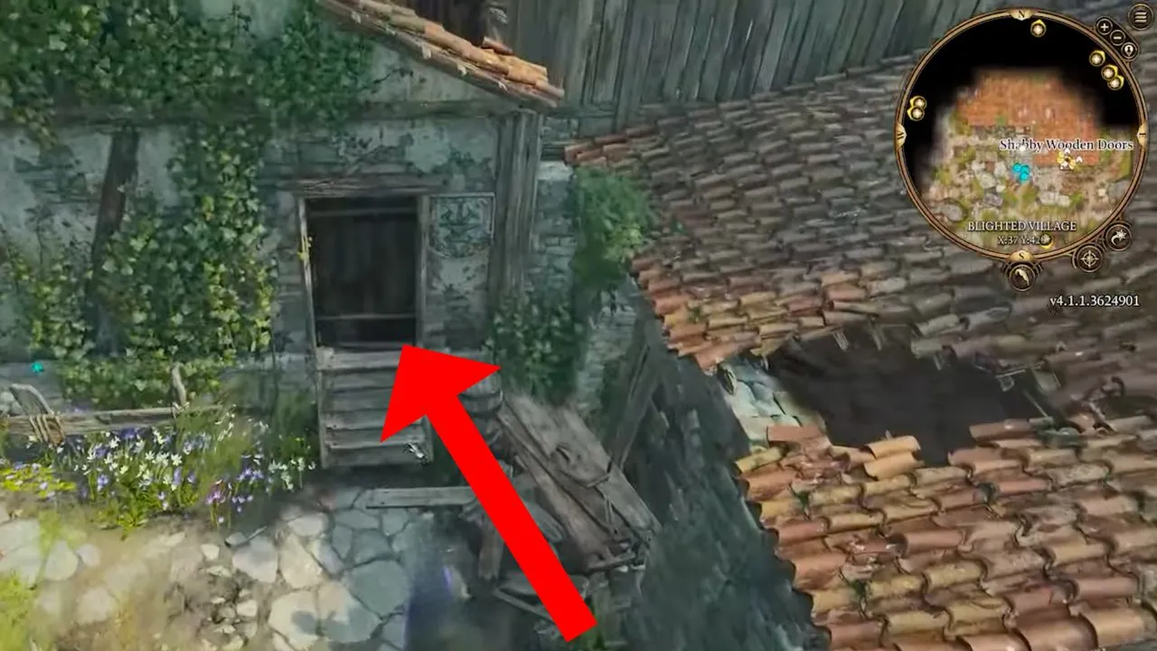 Red arrow pointing to a wooden door with a blacksmith sign outside in BG3