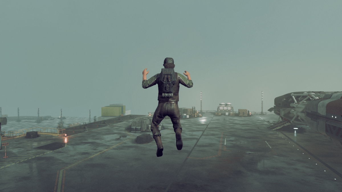 Image of a man suspended in mid air, thanks to use of his boost pack.