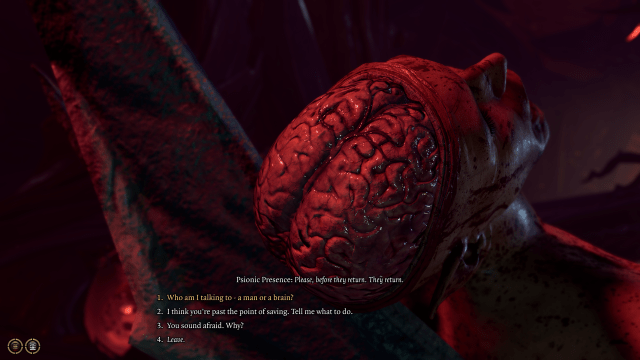 A brain in red lighting in Baldur's Gate 3. Four dialogue options are presented below.