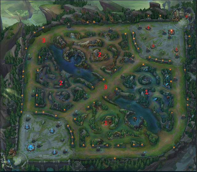 Screenshot of League of Legends map with red numbers indicating Buff to buff and gank.