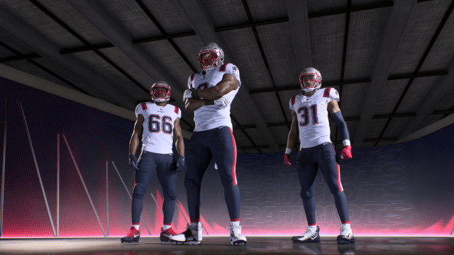 The New England Patriots in a Madden 24 start-up screen.