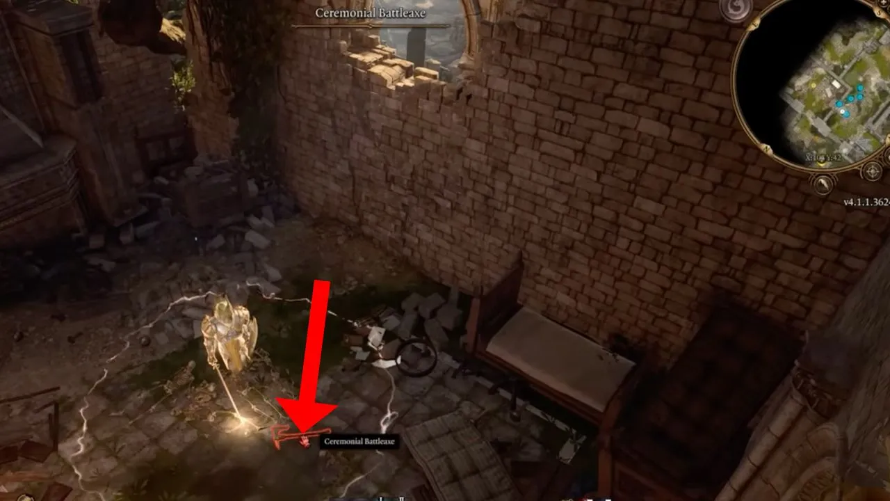 red arrow pointing to a battle axe on the ground in Bg3
