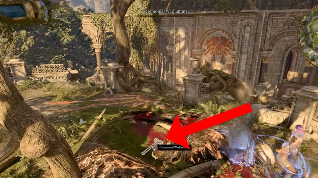 Red arrow pointing to the ceremonial warhammer in the rosymorn monastery in BG3