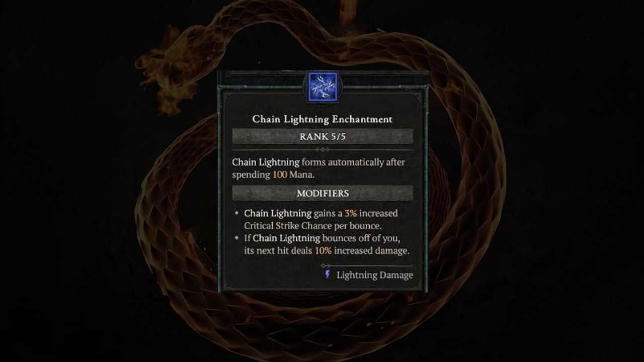 A card featuring information on the chain lightning enchantment Diablo 4