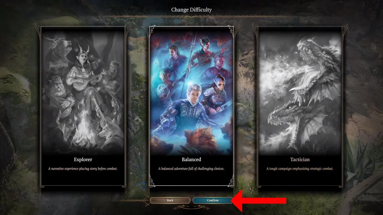 Image of three difficulty cards with red arrow pointing to confirm button in Baldur's Gate 3