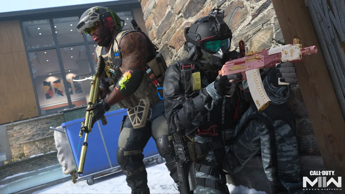 Image of two MW characters with guns hiding behind a wall.