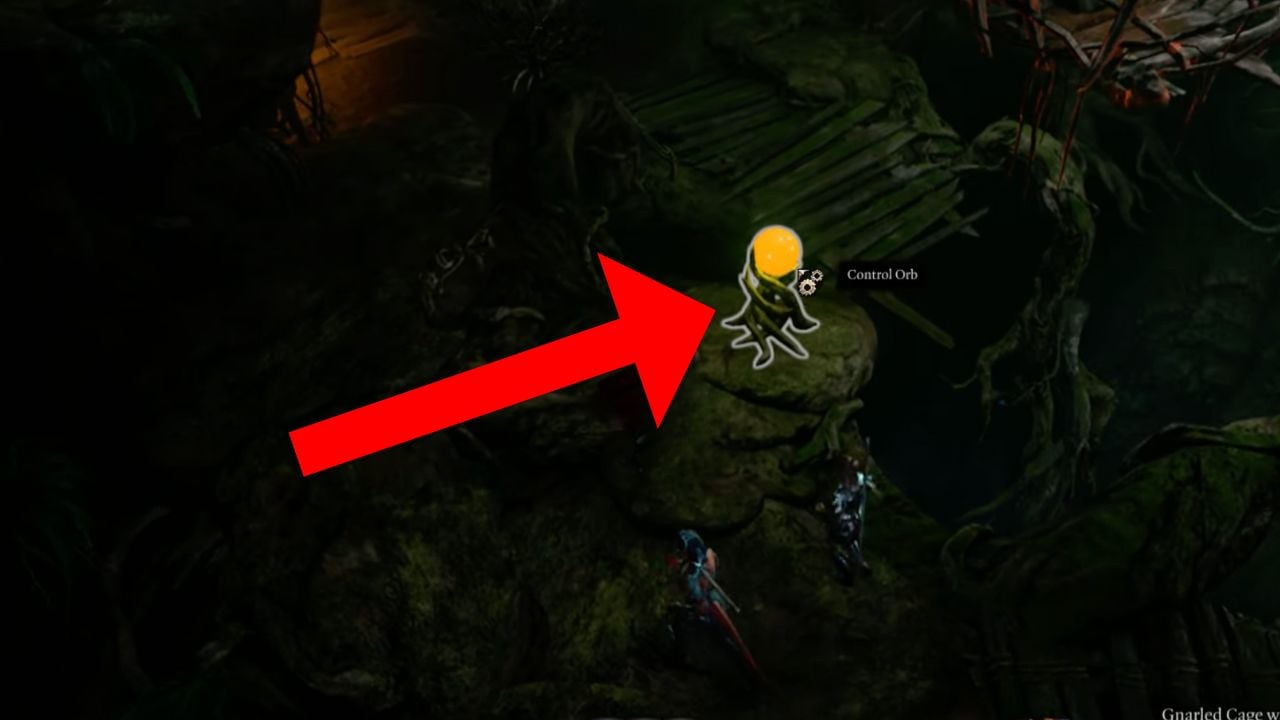 Red arrow pointing to roots holding a glowing orange ball in BG3