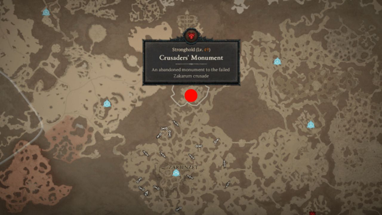 Red dot showing location of Crusaders' Monument in Diablo 4