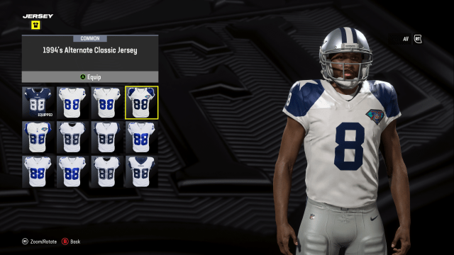 A custom player in Madden 24 wearing the Dallas Cowboys 1994 Jersey.
