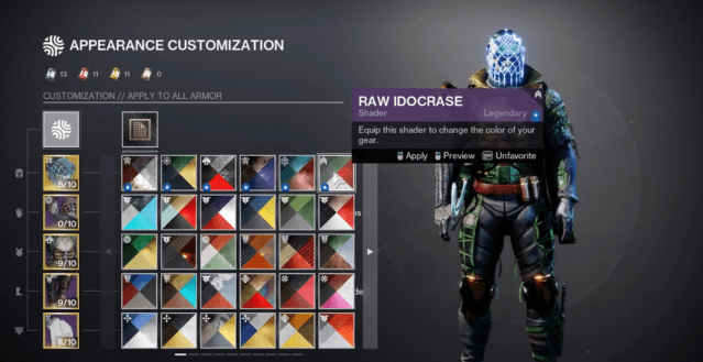 A player hovering over a shader that has been pinned in the appearance customization screen of Destiny 2.
