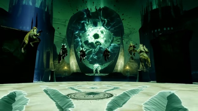 Six guardians charge forward at Crota, a Hive God, wielding a giant sword in front of a green orb in Destiny 2.
