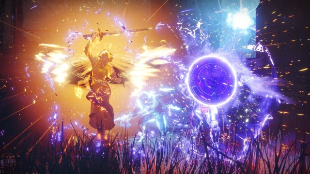 A Warlock activates their Dawnblade super next to a Titan in their Void super, dowsing them in orange and purple glows respectively.