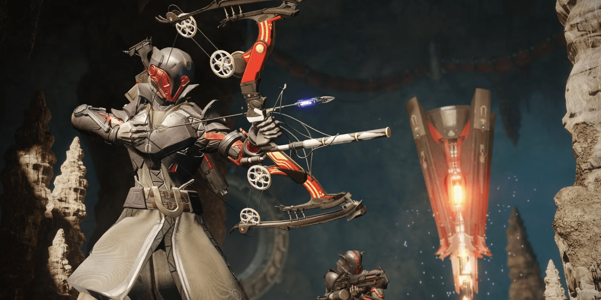 A Destiny 2 warlock wearing black and red robes wields Le Monarque in front of a floating foundry pillar. Le Monarque is a black and red bow with butterflies painted on it.