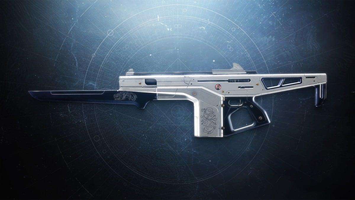 The Monte Carlo auto rifle from Destiny 2. It has a sleek white design, with a bayonet attached underneath the barrel.