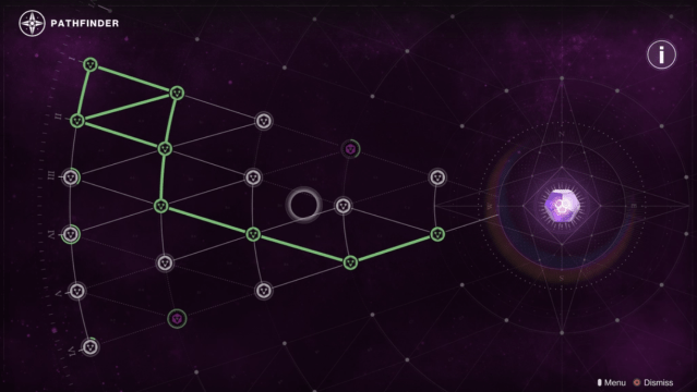 The UI for the Pathfinder system in Destiny 2. A series of interconnected nodes all lead toward an end point where a Prime Engram reward is featured.