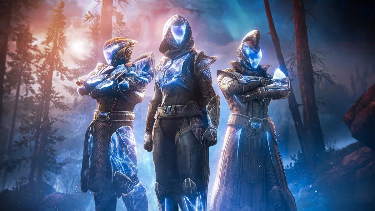 Three Destiny 2 guardians wearing glowing blue armor sets stand in front of a forest.