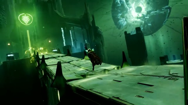 A Hunter running across a Hive bridge toward a glowing green sigil. In the background, a large black orb is hovering inside a cracked shell.