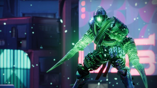 A Titan wields their Strand super, their hands encased in two green blades, on Neomuna.