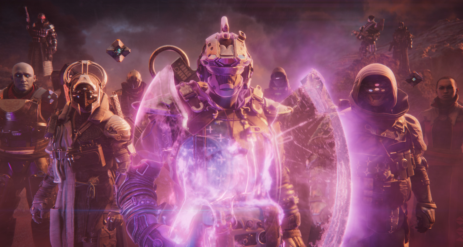 Sekumpulan penjaga berdiri bersama -sama, dengan Titan di bahagian depan menggunakan kapak yang terbenam dalam cahaya kekosongan ungu