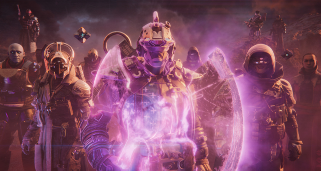 A group of Guardians stand together, with a Titan at the front wielding an axe that is awash in purple Void light.